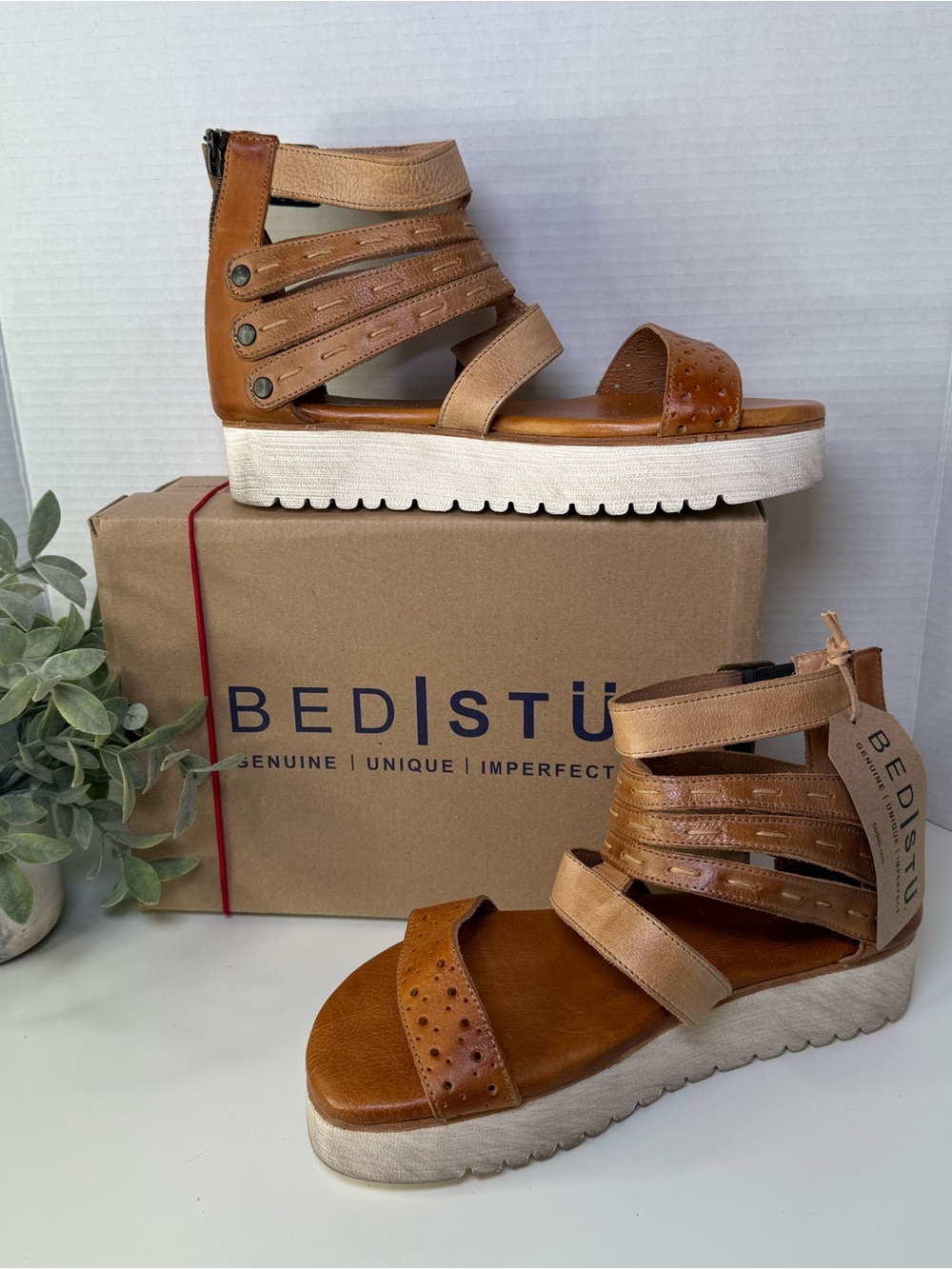 BED|STU Artemia Platform Leather Sandal In Bone Mustard Tan Rustic Women's Sz 10